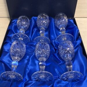 Vintage Set of 6 Abbey Hand Cut Lead Crystal Cordial Glasses in Box Pls Read